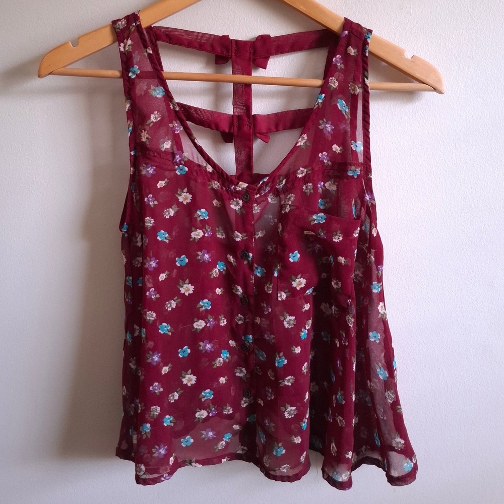 Fairy Coquette Sheer Red Crop Top Bow Detail Floral Feminine Dainty Flowy Sz M